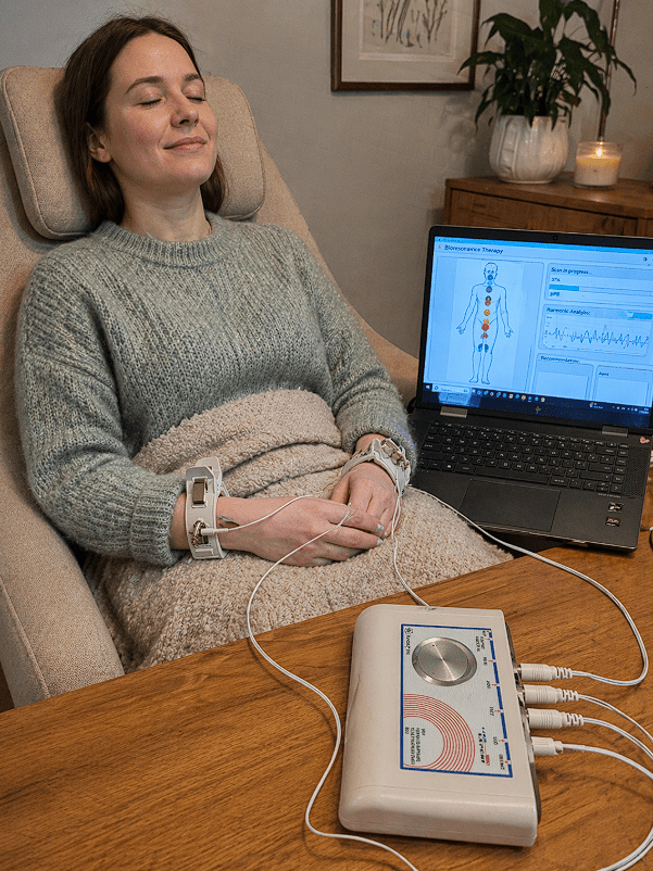 A woman sits comfortably in a chair undergoing bioresonance therapy, with electrodes attached to her wrists and connected to a device on a wooden table, while a laptop displays health analysis data beside her.
