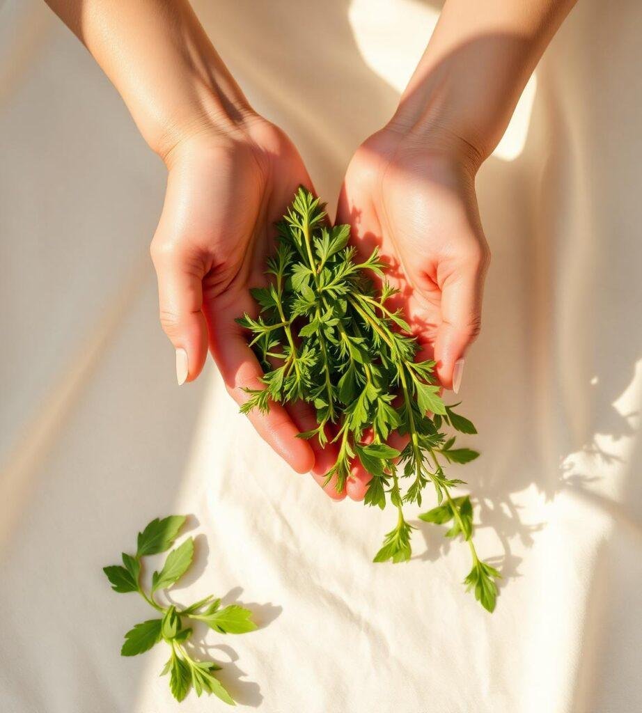 Hands gently holding fresh green herbs on soft cream fabric in warm natural sunlight.