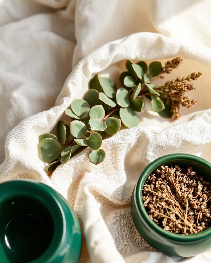 Botanical still life with eucalyptus leaves, dried herbs, and green ceramic vessels on soft white fabric.