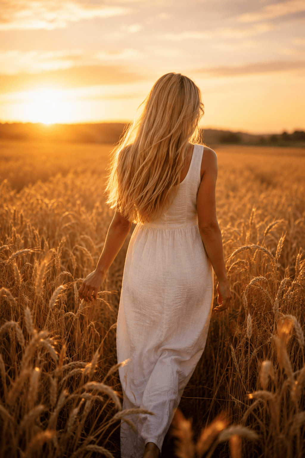 A woman walking through a golden wheat field at sunset