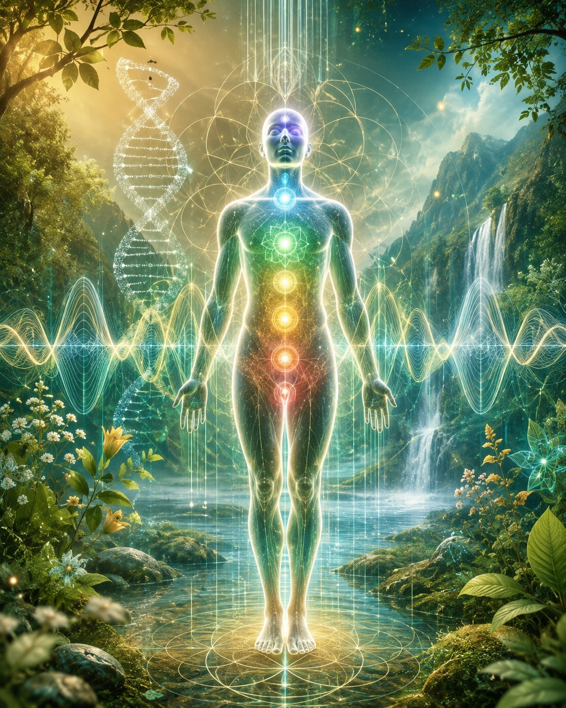 A glowing human energy field surrounded by natural scenery, sacred geometry, DNA symbolism, and soft frequency waves representing holistic bioresonance.