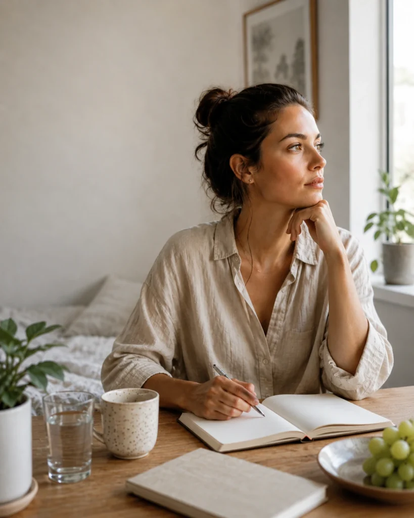 A woman sits by a window with a journal and a glass of water, pausing thoughtfully as she listens to her body’s quiet signals.