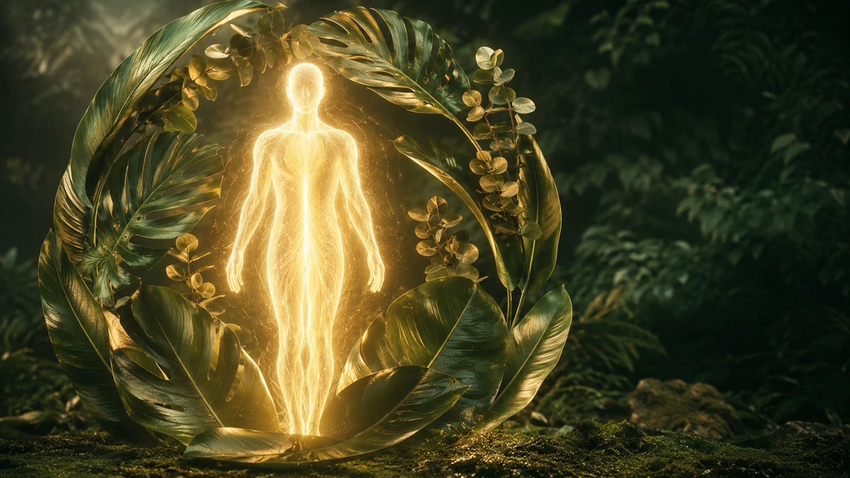 Glowing human-shaped light form surrounded by protective deep green botanical leaves.