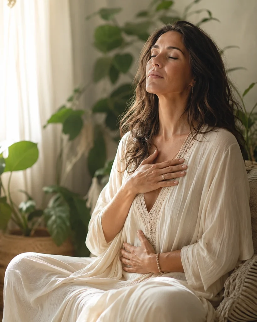 A woman sits quietly with her eyes closed, one hand on her chest and one on her stomach, in warm natural light surrounded by softly blurred greenery.