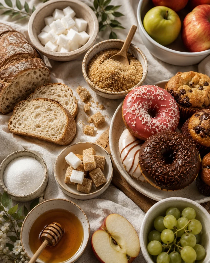 A flat lay of sugary foods including doughnuts, muffins, bread, sugar cubes, honey, and fruit arranged on a cream linen surface in warm natural light.