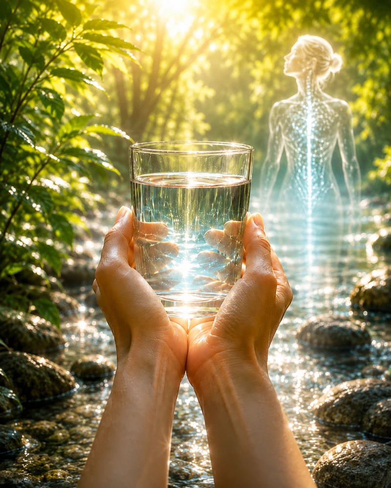 Hands holding a clear glass of water in warm sunlight, with a soft human silhouette in the background symbolising water as essential for life and hydration.