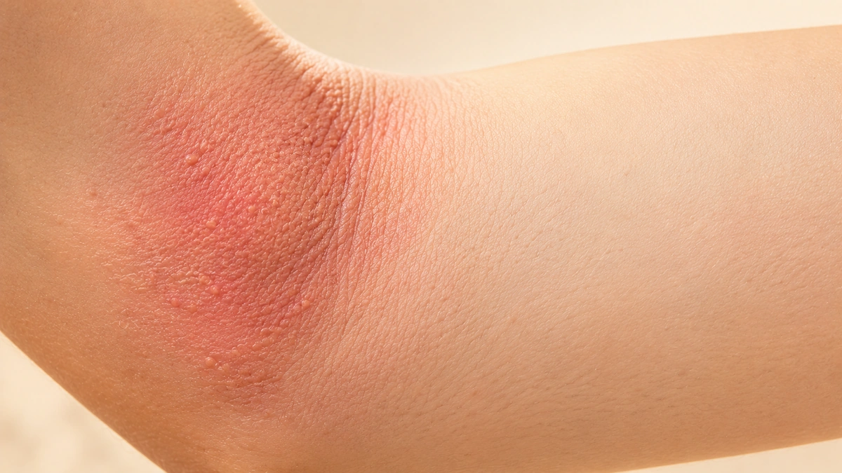 Close-up of an inner elbow with red, irritated allergic skin inflammation fading into calmer skin.