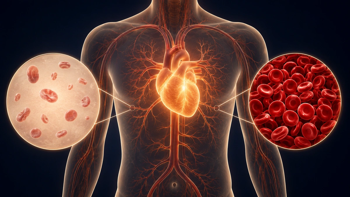 Translucent upper body showing the circulatory system with side-by-side comparison of anaemic and healthy red blood cells.