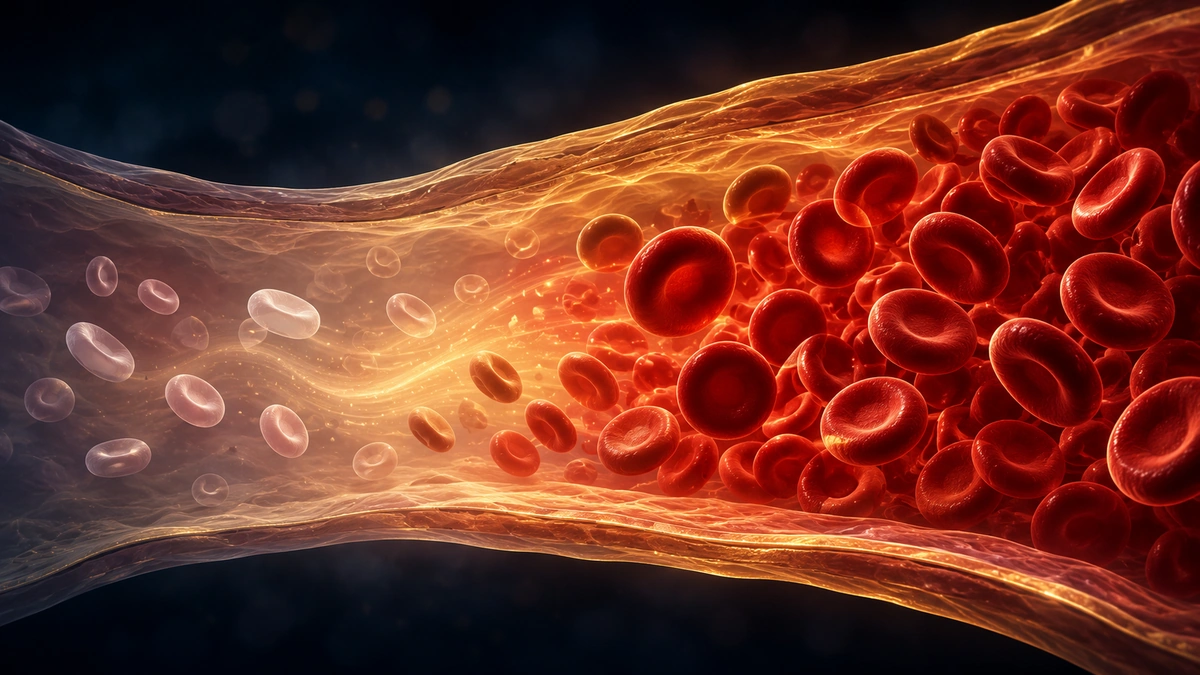Illustrated view inside a blood vessel showing pale sparse red blood cells transitioning into rich, healthy red blood cells.