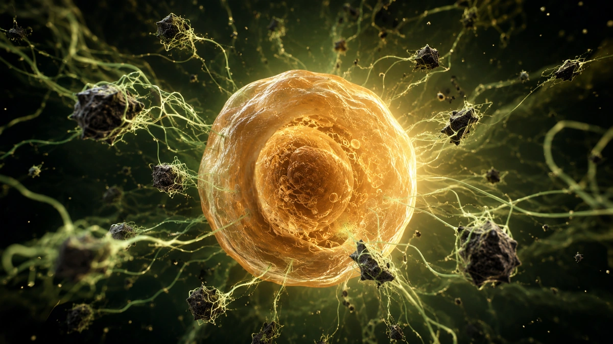 Glowing healthy cell surrounded by dark parasitic particles being pulled away by fine botanical threads.