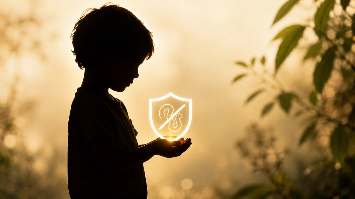 Child silhouette holding a glowing anti-parasite protection shield in warm natural light.