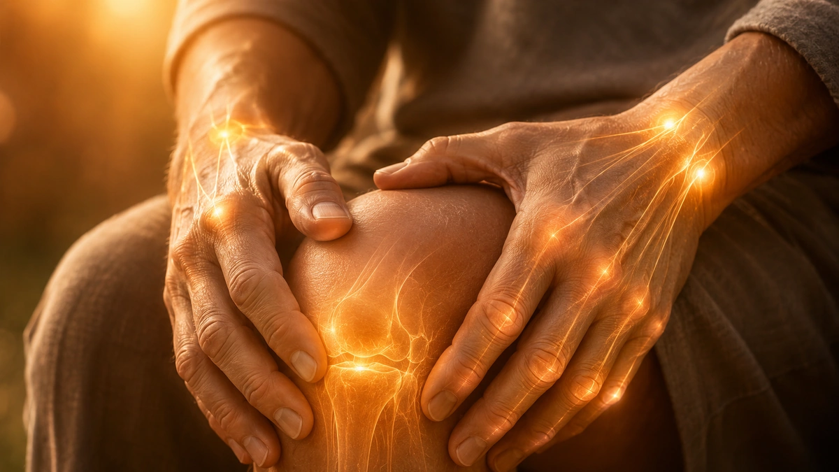 Mature hands gently holding a knee with warm golden light highlighting the wrist and knee joints.