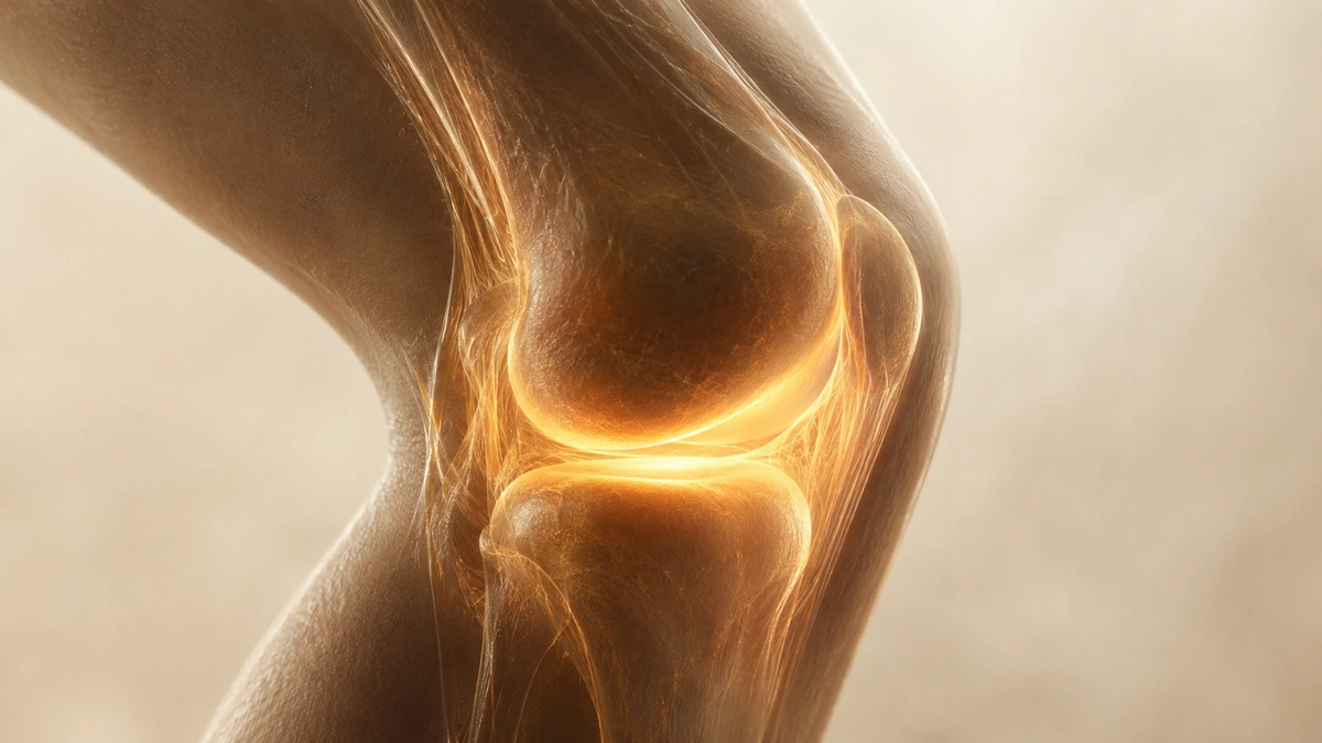 Close-up side view of a knee joint with softly glowing golden cartilage and surrounding connective tissue.