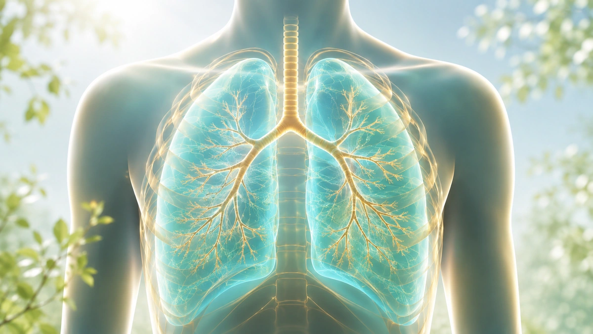 Chest silhouette with glowing lungs and golden bronchial pathways against a soft airy background.