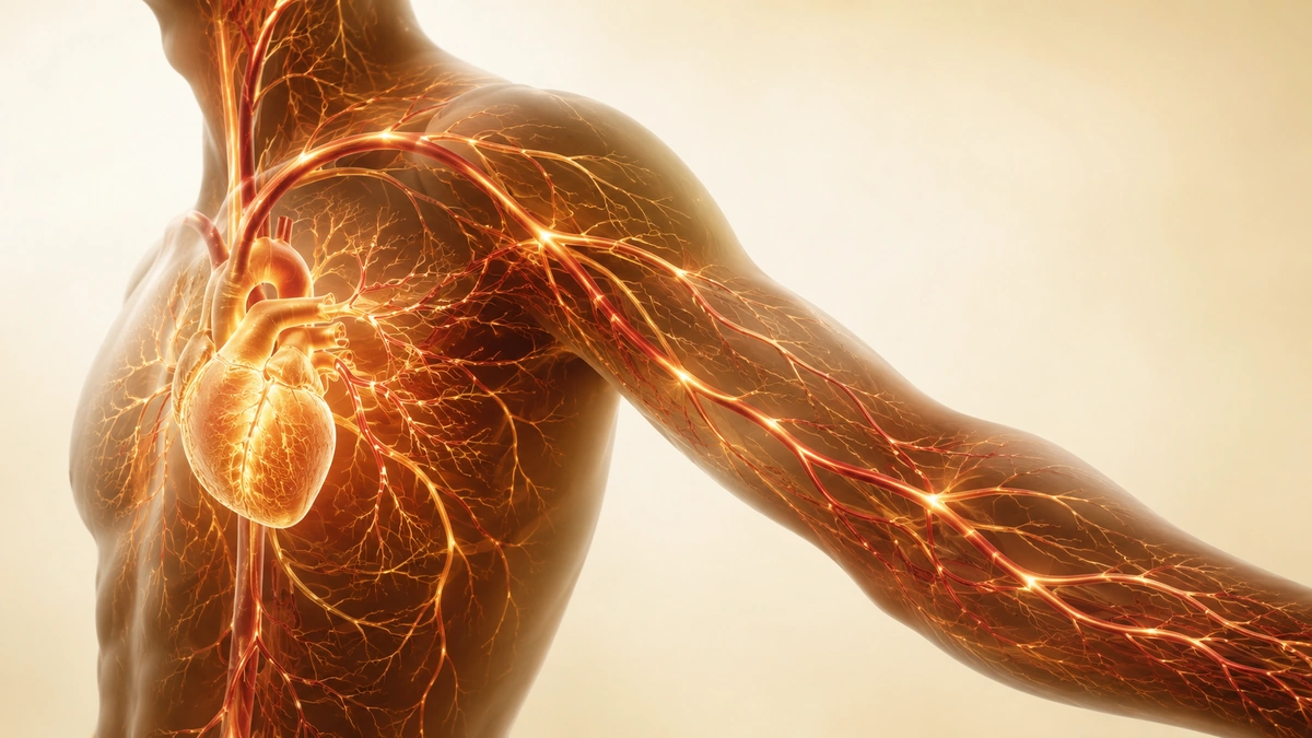 Side-profile torso with glowing heart and arterial network extending through the chest and arm.