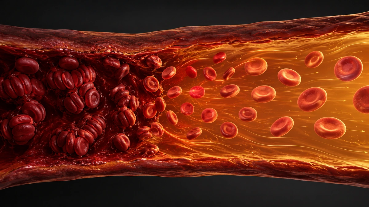 Blood vessel cross-section showing clustered red blood cells transitioning into freely flowing separated cells.