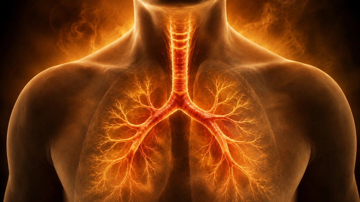 Chest and throat silhouette with inflamed glowing bronchial tubes highlighted in warm amber light.
