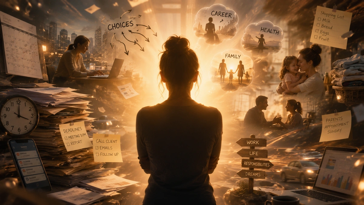 Human silhouette surrounded by work, family, health and life responsibilities representing modern lifestyle stress.