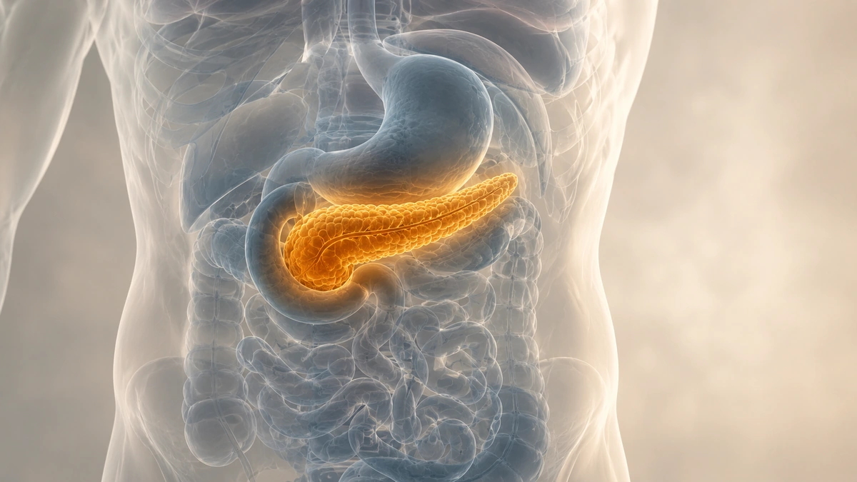 Translucent upper torso with the pancreas glowing in warm amber behind the stomach.