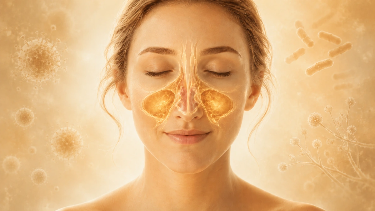 Calm facial portrait with glowing sinus cavities and subtle viral, bacterial and fungal forms in the background.