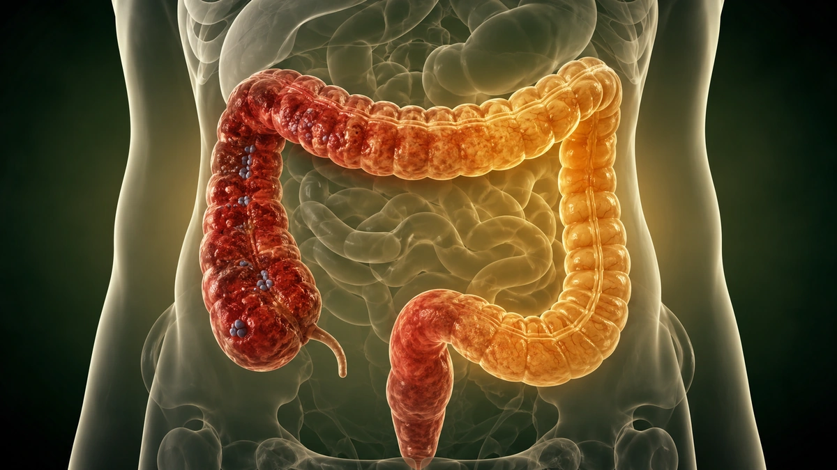 Semi-transparent torso showing the colon with inflamed red areas transitioning into calmer golden recovery zones.