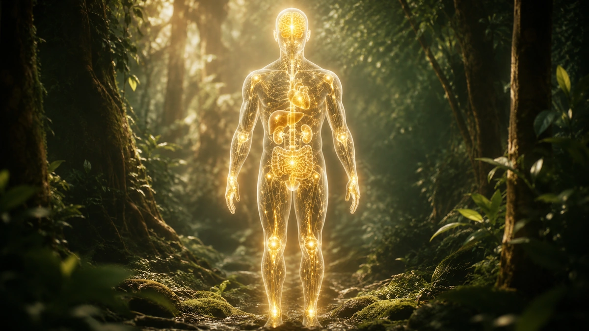 Full-body human figure glowing with interconnected internal systems, standing in a softly lit forest.
