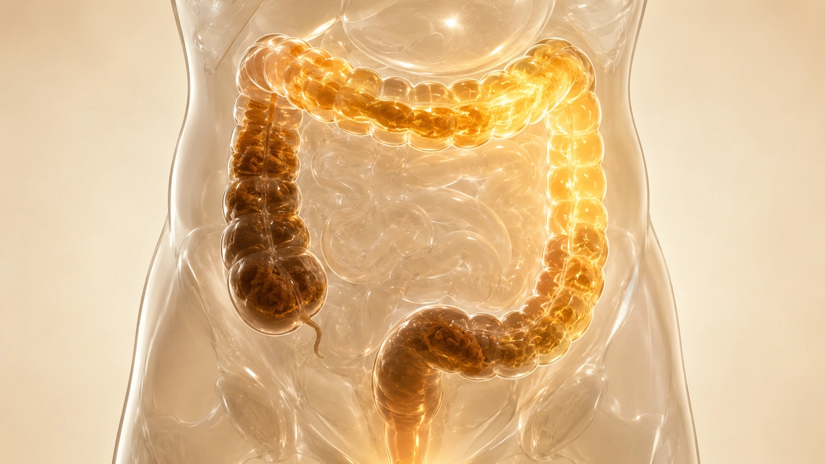 Translucent torso with the large intestine highlighted, showing congested and more open sections of the colon.