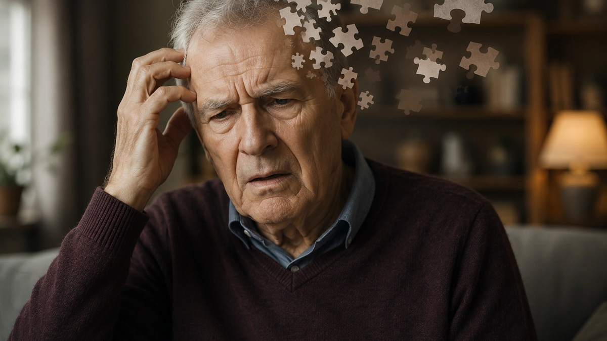 Older man with a thoughtful, confused expression sitting indoors, with puzzle pieces symbolising memory and cognitive function.