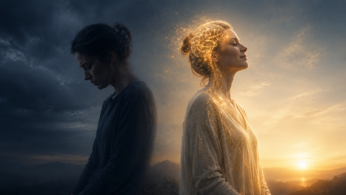 Woman moving from shadowed low mood toward warm light, with a softly glowing golden mind.
