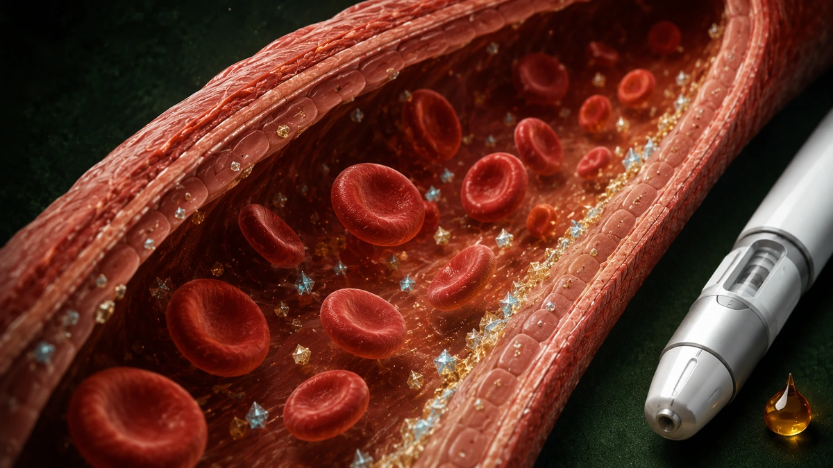 Educational view inside a blood vessel with flowing red blood cells, sugar-like crystals and a glucose monitoring device.