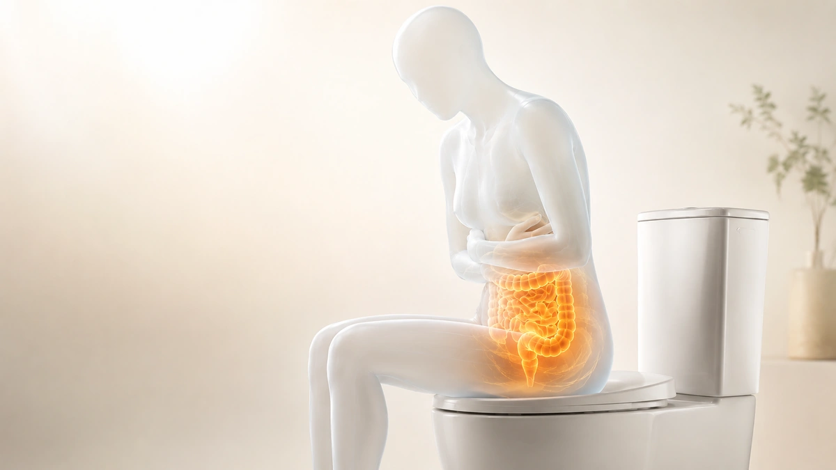 Translucent human silhouette sitting on a toilet with the intestines glowing in warm amber light.