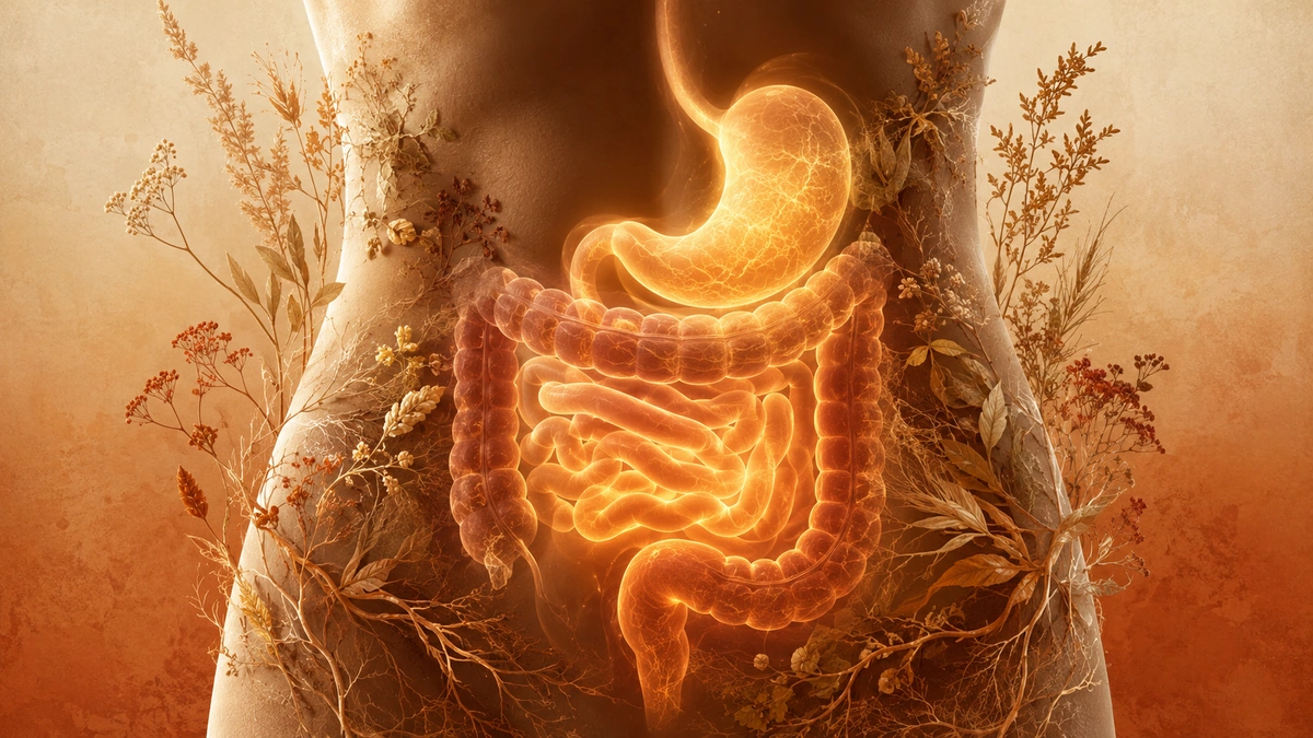 Torso silhouette with softly glowing stomach and intestines surrounded by warm botanical elements.