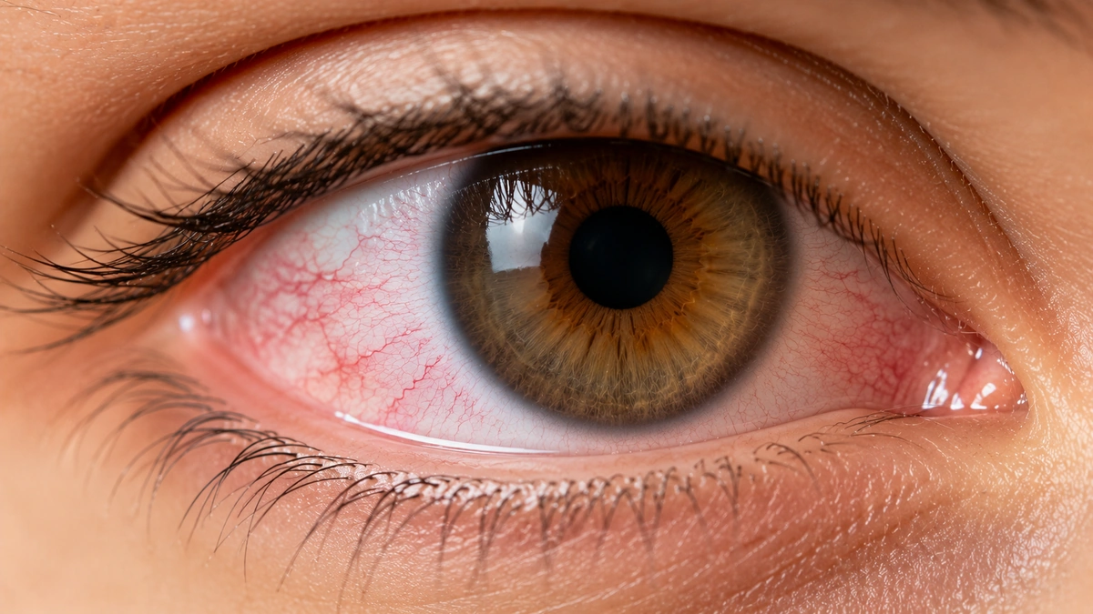 Macro close-up of a human eye showing mild pink redness and visible conjunctival blood vessels.
