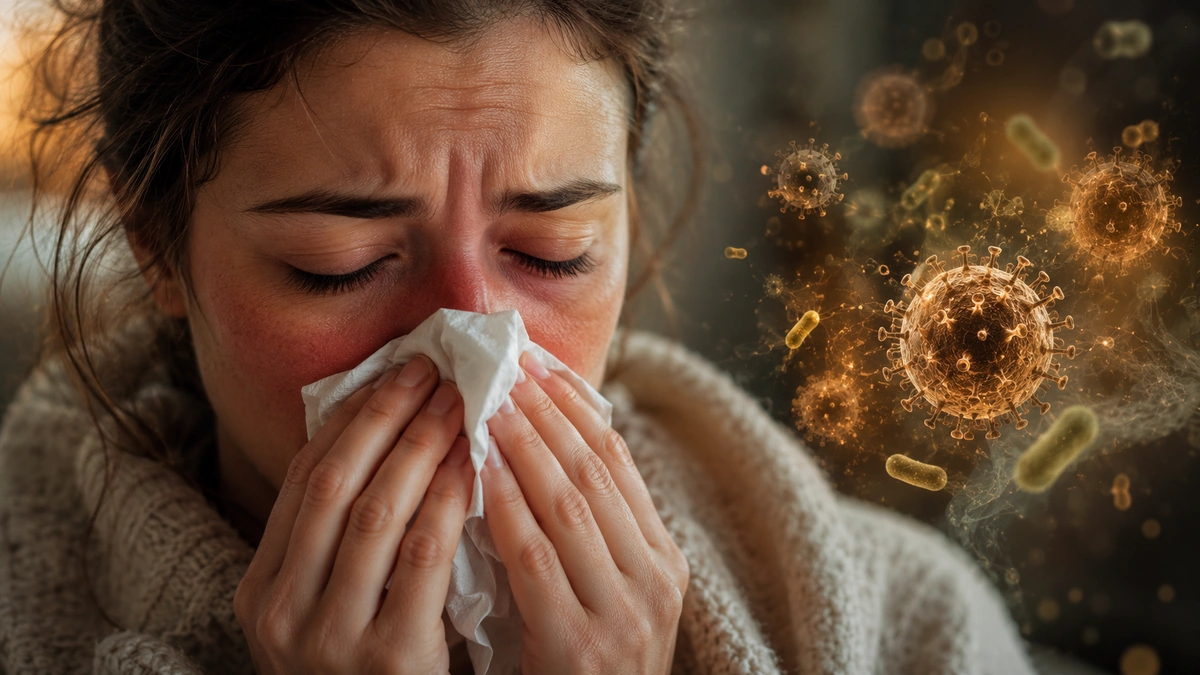 Close-up of an unwell woman holding a tissue to her nose, with subtle virus and bacteria forms in the background.