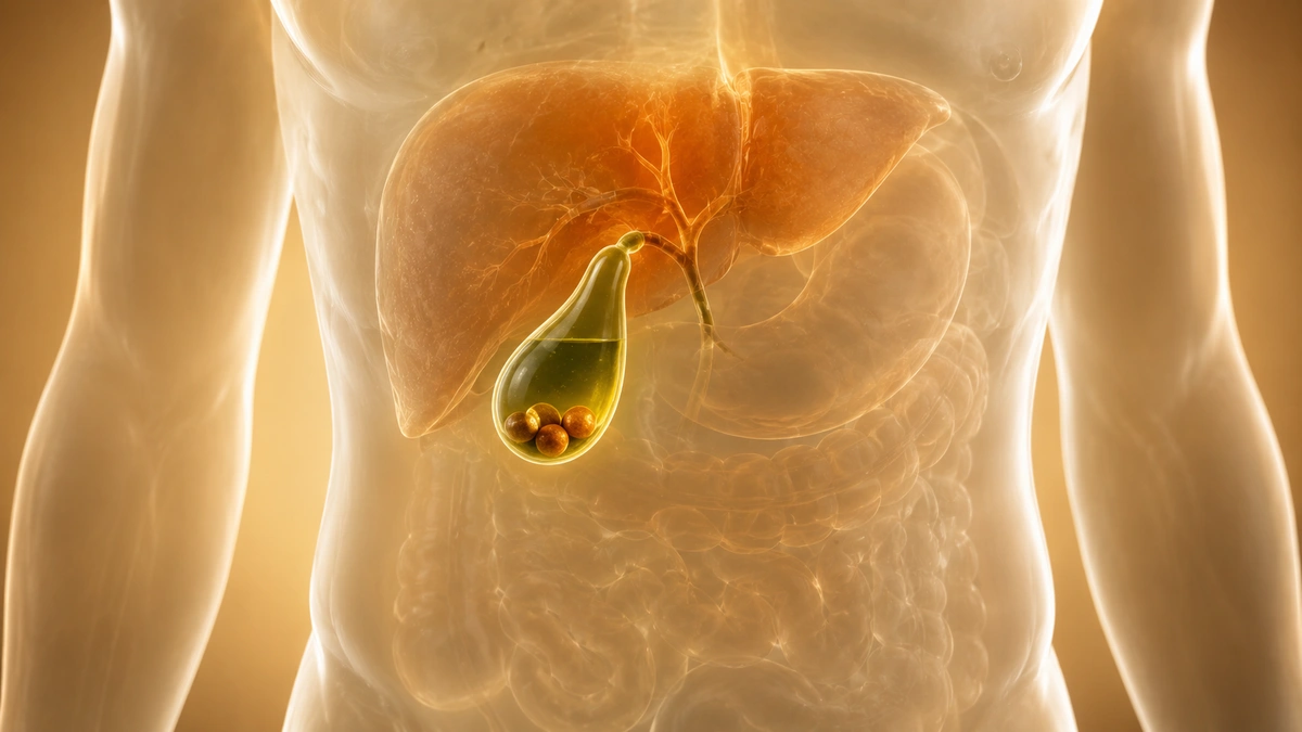 Translucent torso showing the liver and gallbladder with visible gallstones.