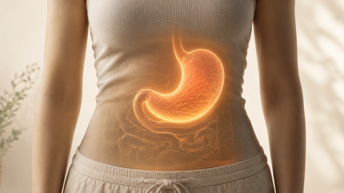 Clothed torso with a softly glowing stomach highlighted in warm amber light.