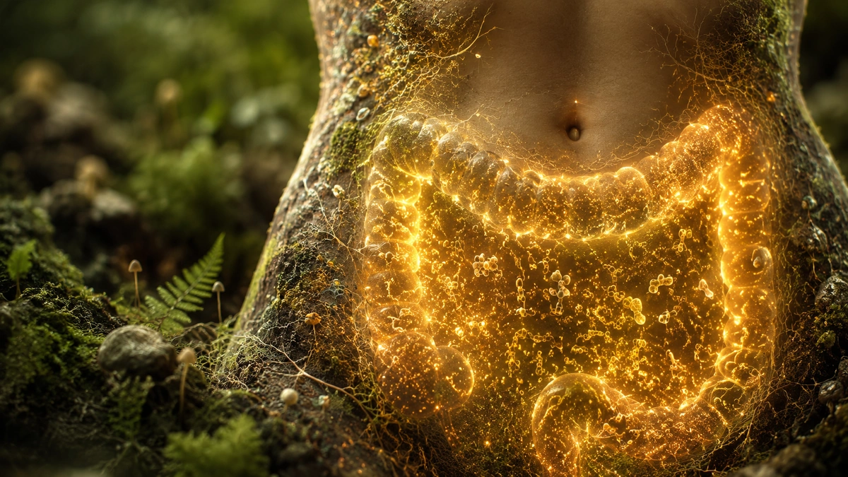 Torso silhouette with a glowing colon filled with golden microbial light, blending into a mossy forest-floor background.