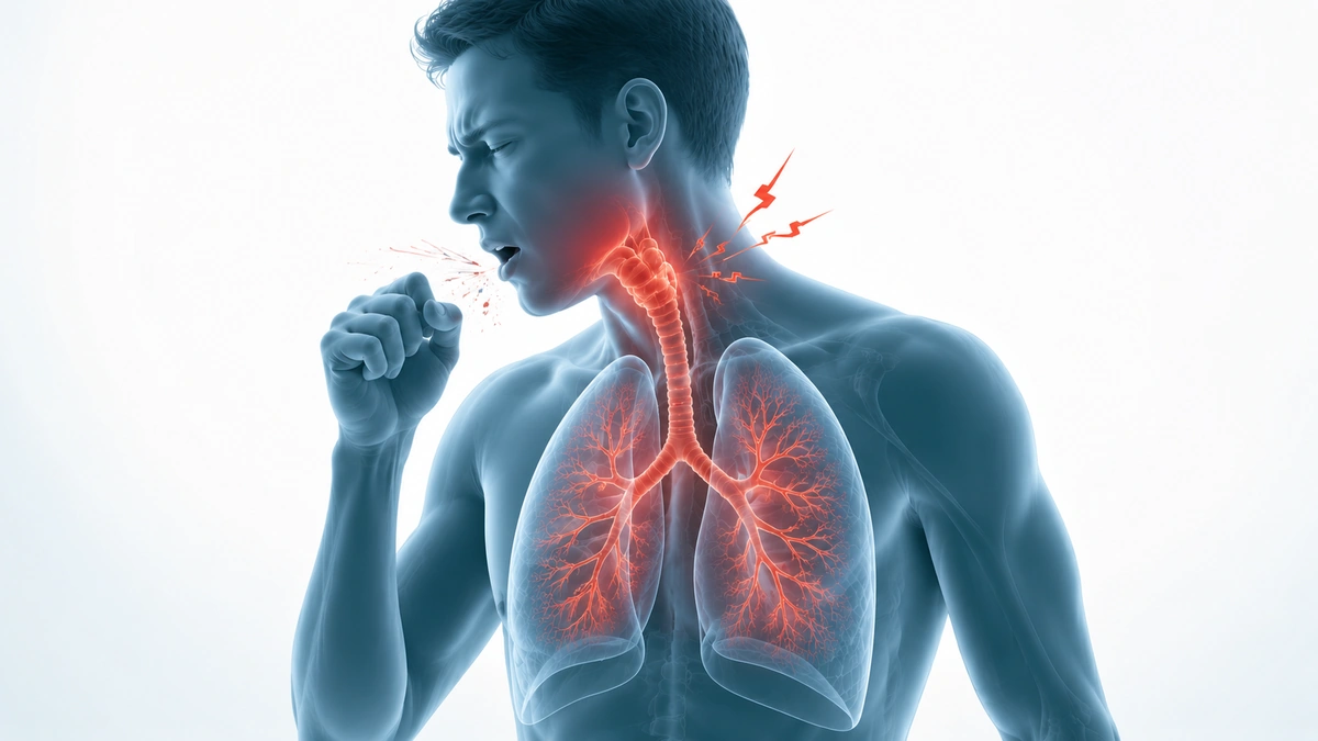 Side-profile human figure coughing with the throat, trachea and bronchial tubes highlighted in orange-red.