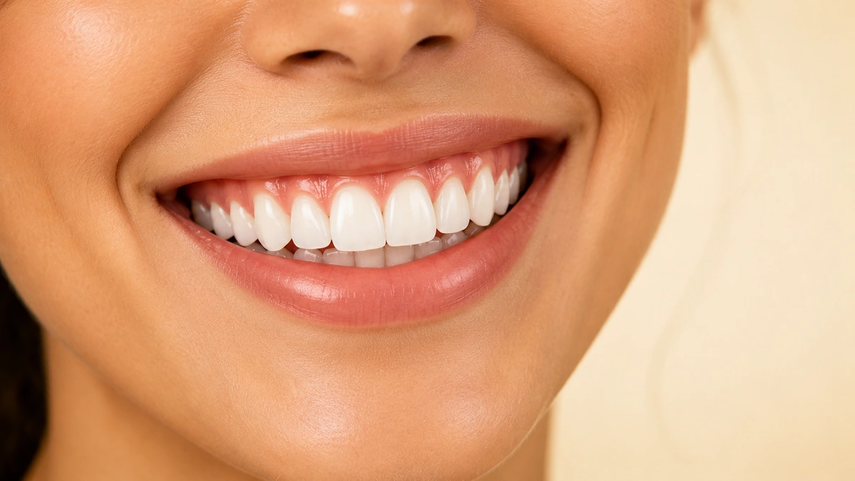 Close-up of a healthy smile showing bright white teeth and strong pink gums.