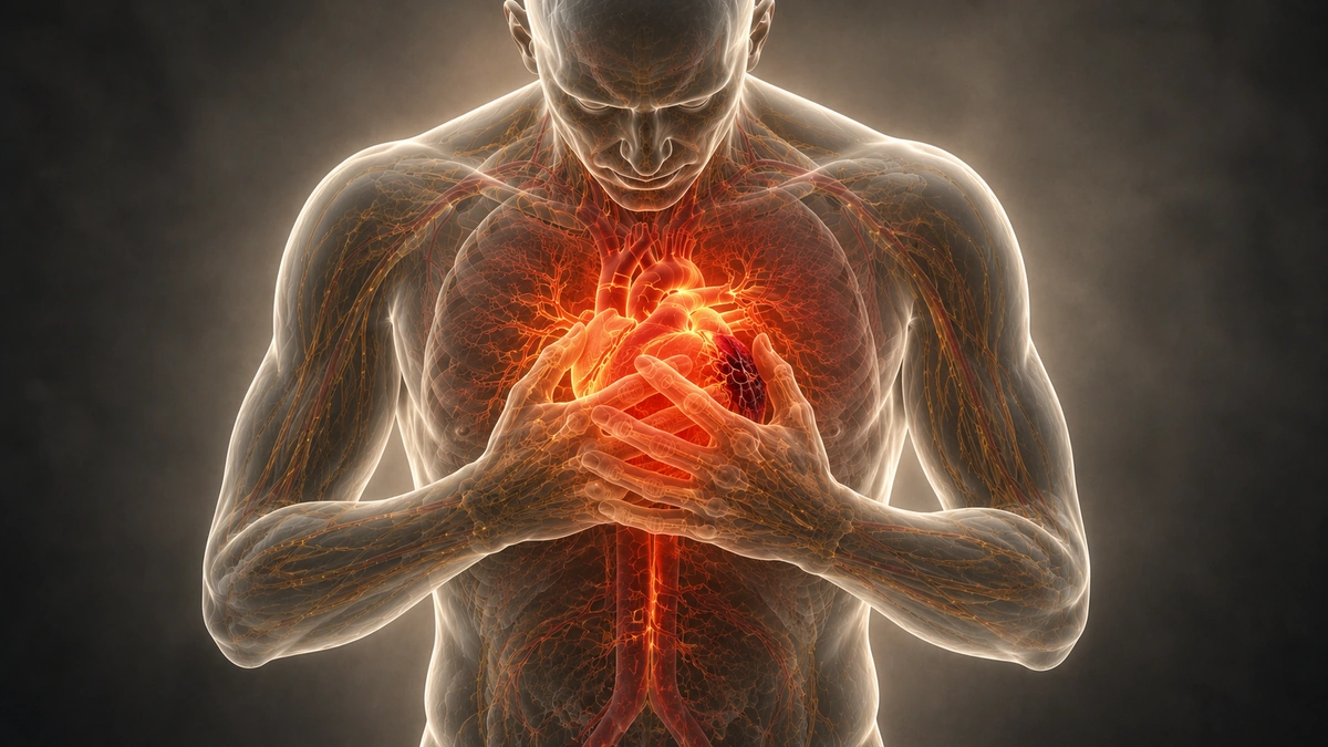 Translucent upper body pressing both hands to the chest with a glowing distressed heart.