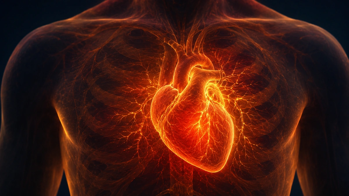 Close-up chest silhouette with a glowing heart and golden coronary vessels against a dark navy background.