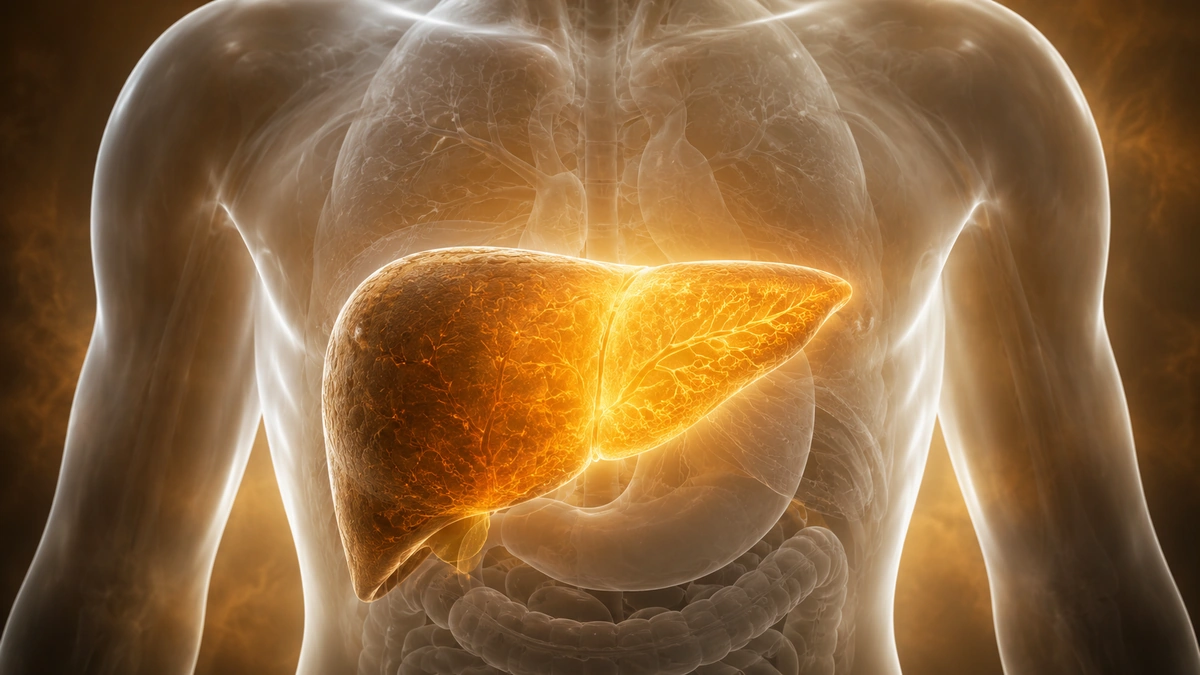 Translucent torso with the liver highlighted in amber-gold, showing inflamed and recovering tissue zones.