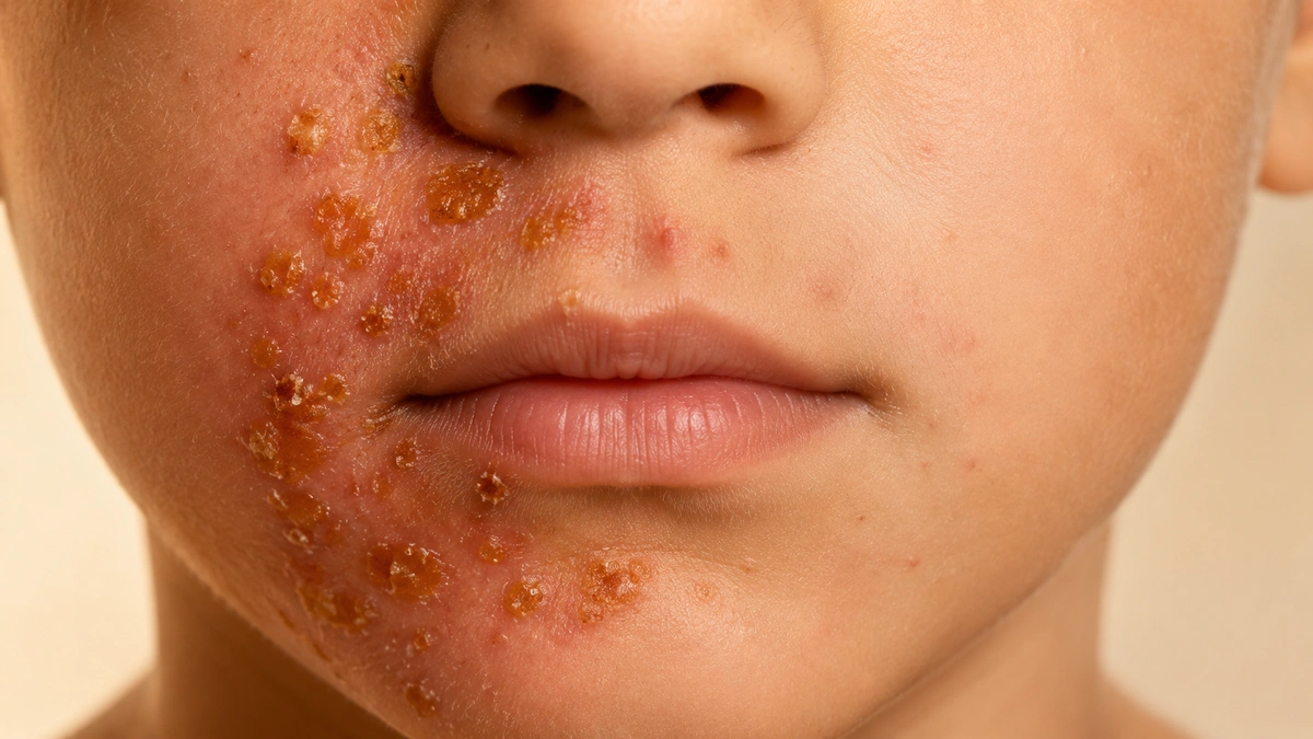 Lower face with honey-coloured impetigo crusts around the nose, upper lip and chin.