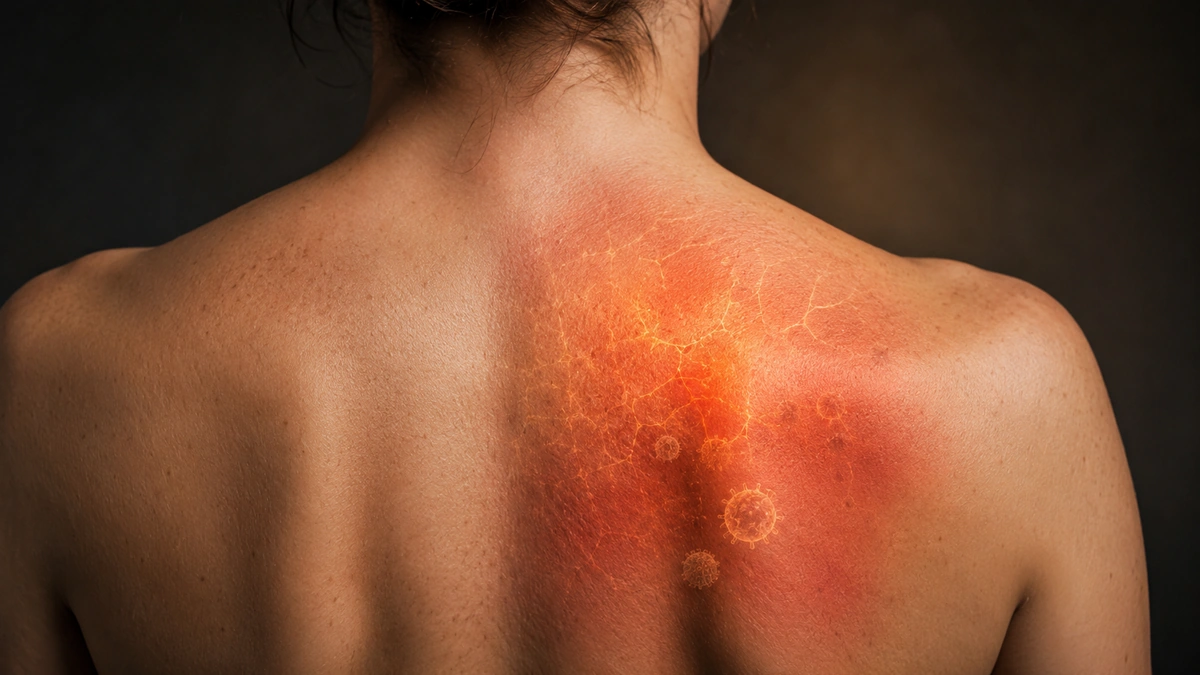 Close-up of a human back with a red inflamed area and subtle infection-related microscopic overlay.
