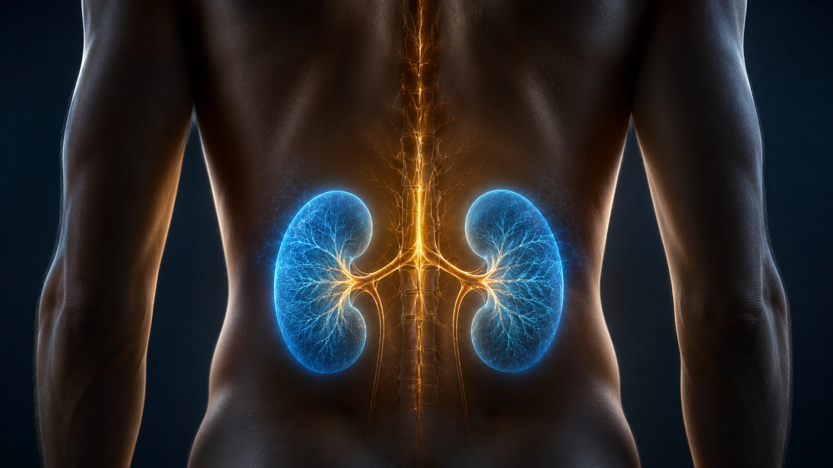 Back torso silhouette with glowing blue kidneys and golden renal pathways along the