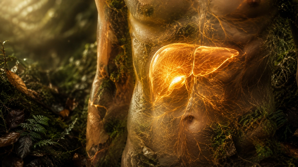 Torso silhouette with a glowing liver in warm amber light against a mossy forest-floor background.