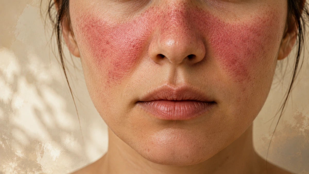 Close-up lower-face portrait showing a butterfly-shaped red rash across the cheeks and nose.