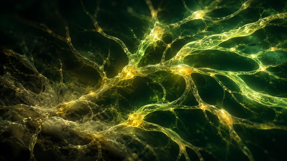 Close-up of glowing lymphatic vessels and node junctions with clear pale green fluid flowing through a branching network.