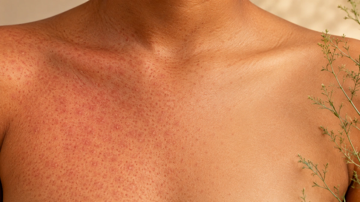 Upper chest and lower neck with a fading measles rash transitioning toward clearer skin.