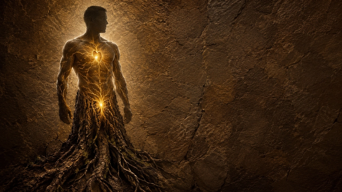 Male figure rooted into tree bark and earth, with warm golden light glowing from the chest and lower abdomen.